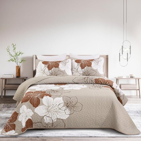 New Taupe Bohemian Floral Quilt Set • 3 PC • KING Size - Picture 2 of 7